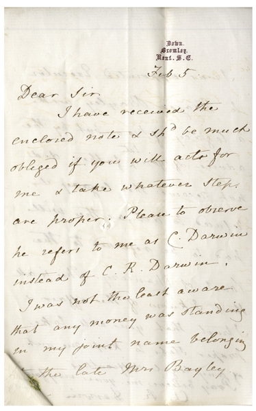 Charles Darwin Letter Signed -- ''...take proper steps to keep me out of any legal difficulties...''